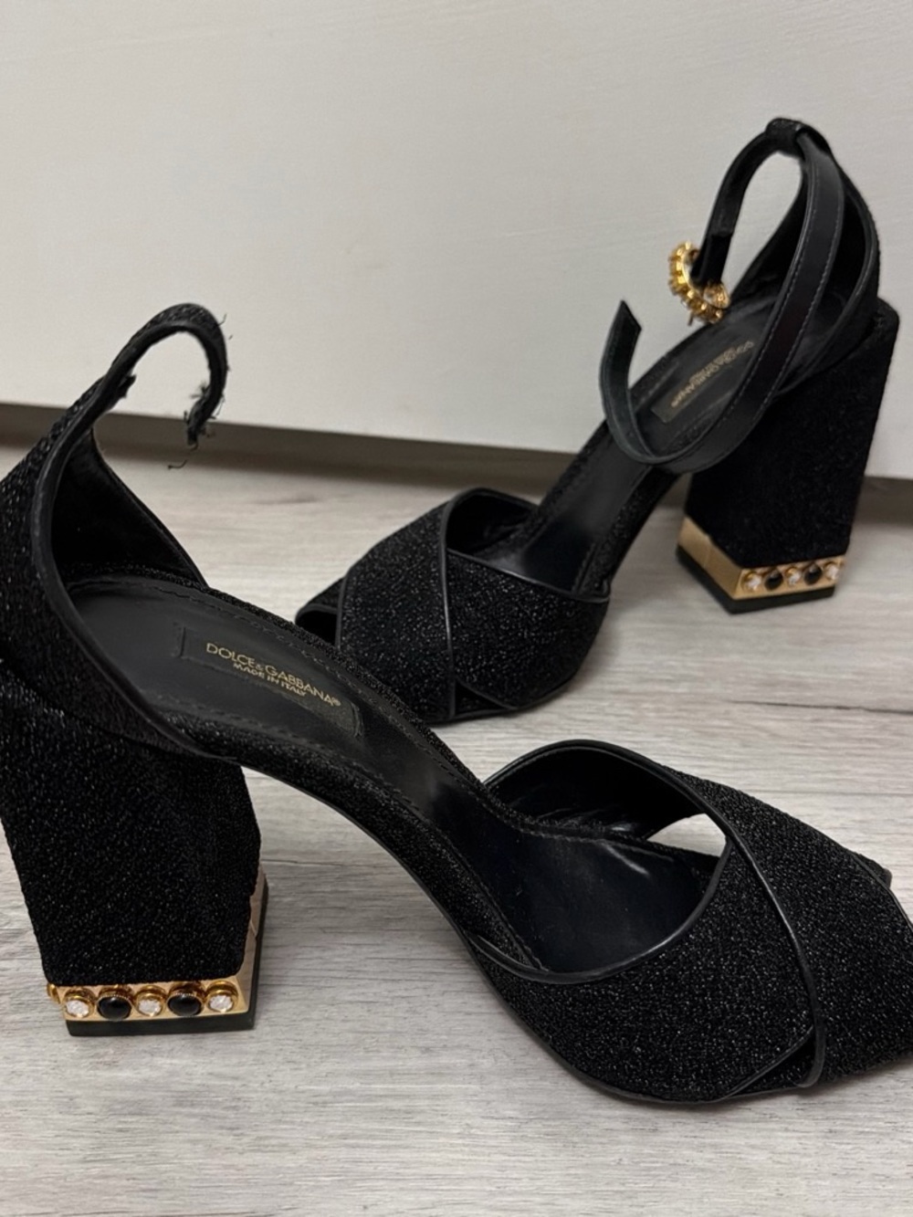 Dolce & Gabbana Black Glitter Crisscross Ankle Strap Block Heels - Picture 3 of 5